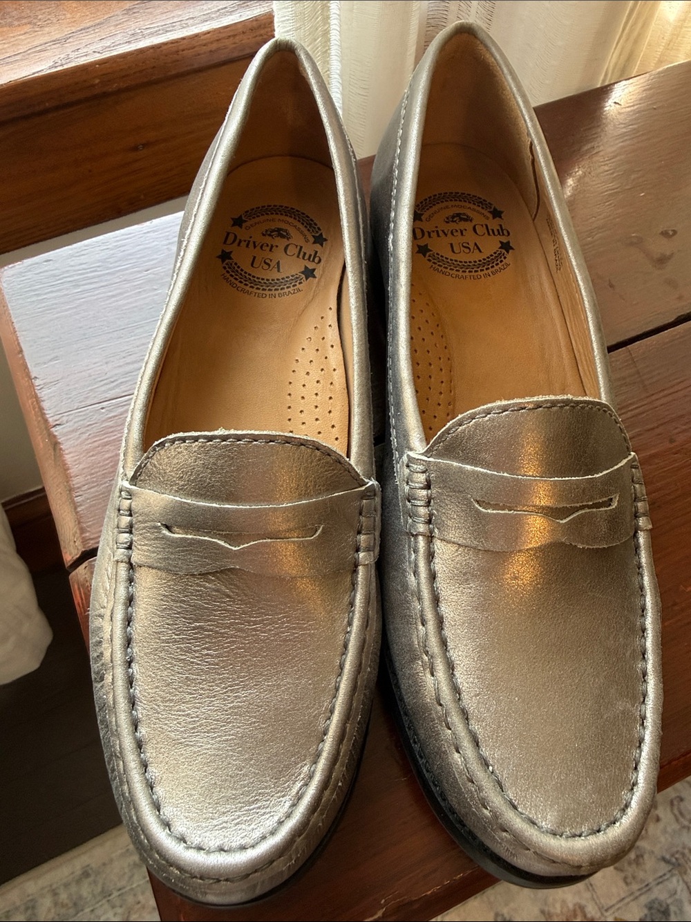 Driver Club USA Silver Metallic Leather Penny Loafers